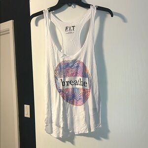 White Tank Top with Multicolor Design that says “breathe”